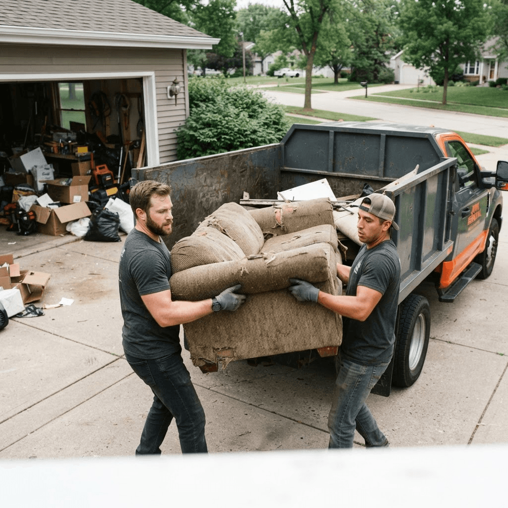 Joplin Junk Hauling crew loading an old couch into the truck
