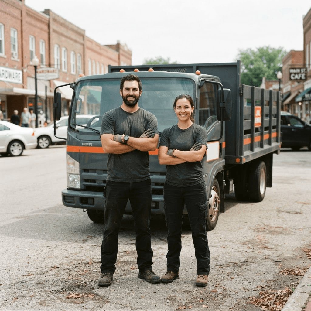 The local Joplin Junk Hauling crew standing in front of their work truck